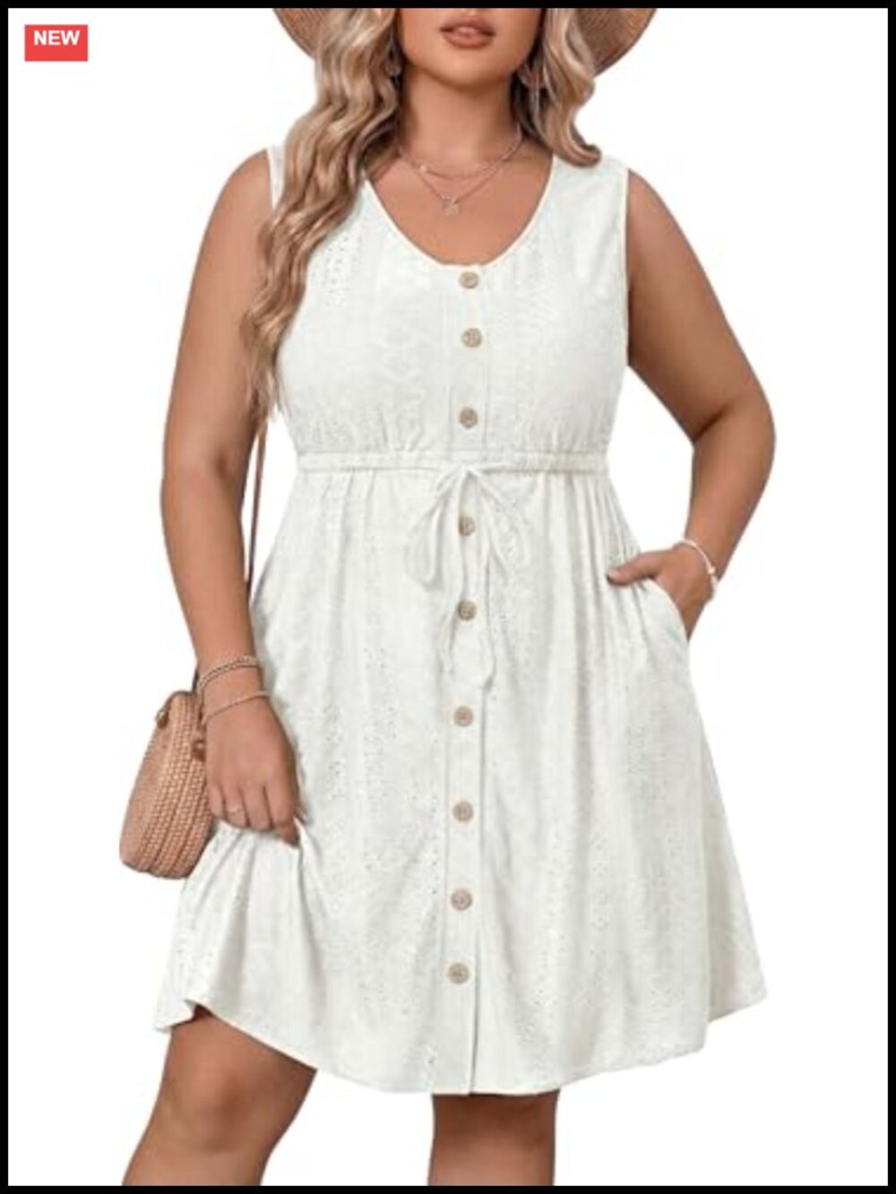 Plus Size Sleeveless V Neck A-Line Eyelet Casual Summer Dress with Pockets